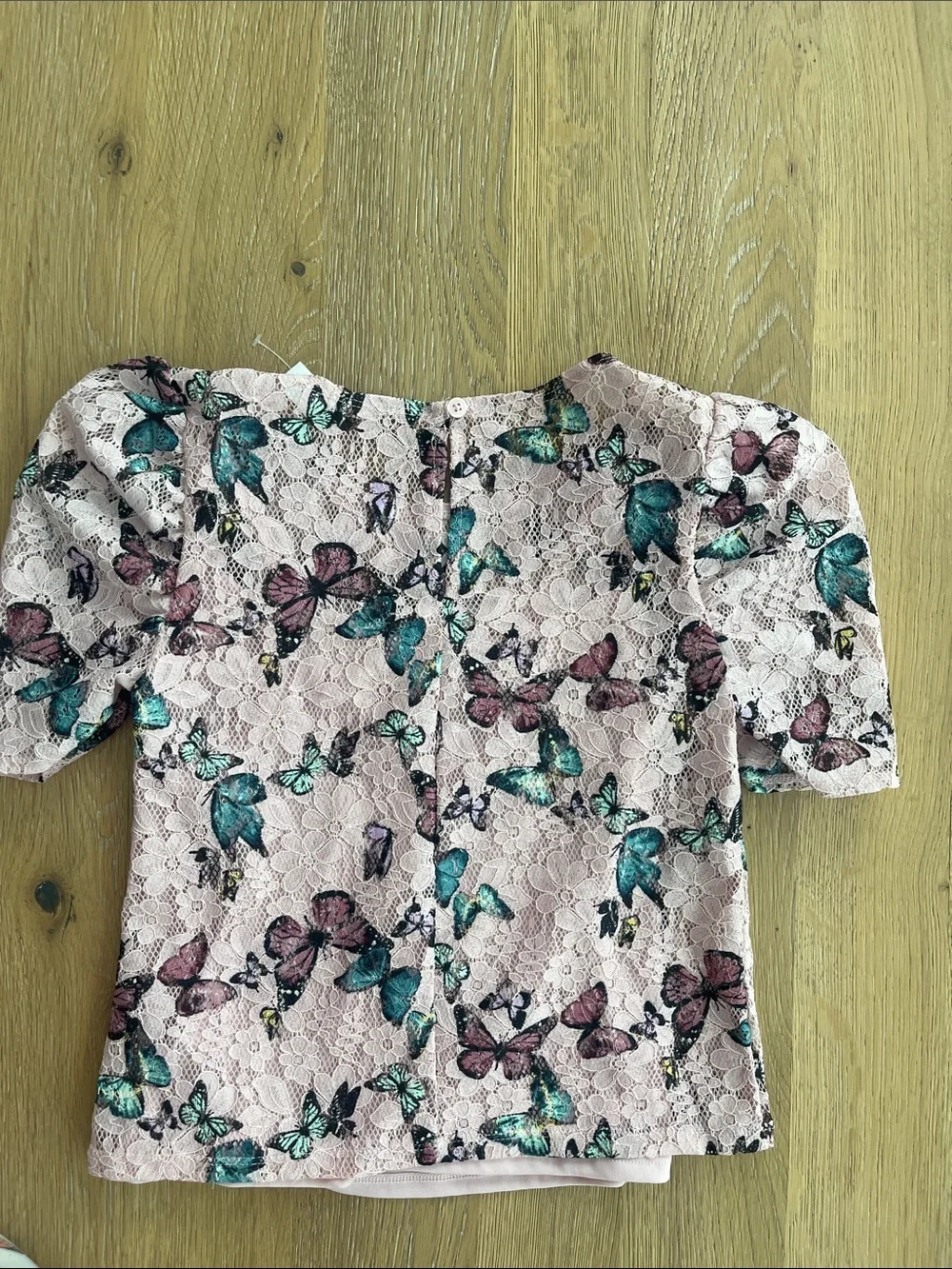 Justice Pink Lace Top with Teal and Purple Butterfly Print